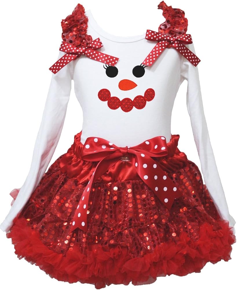 Petitebella Snowman Face White L/s Shirt Red Sequins Skirt Outfit 1-8y