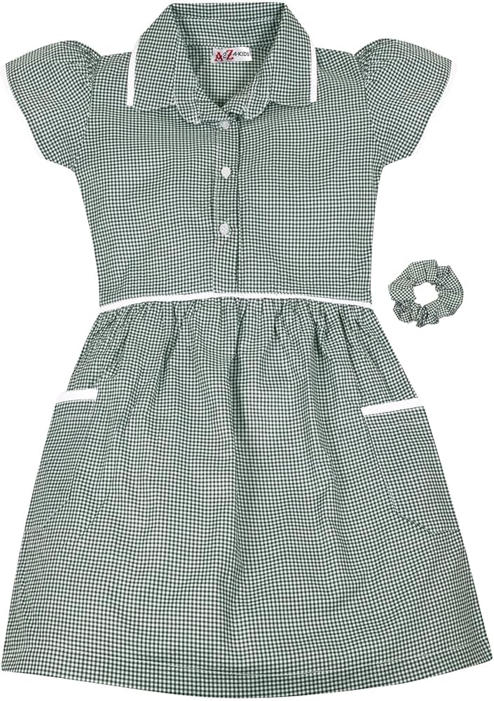 A2Z 4 Kids Girls Uniform School Dress Soft Comfortable Gingham Check Summer Dresses with Matching Scrunchies