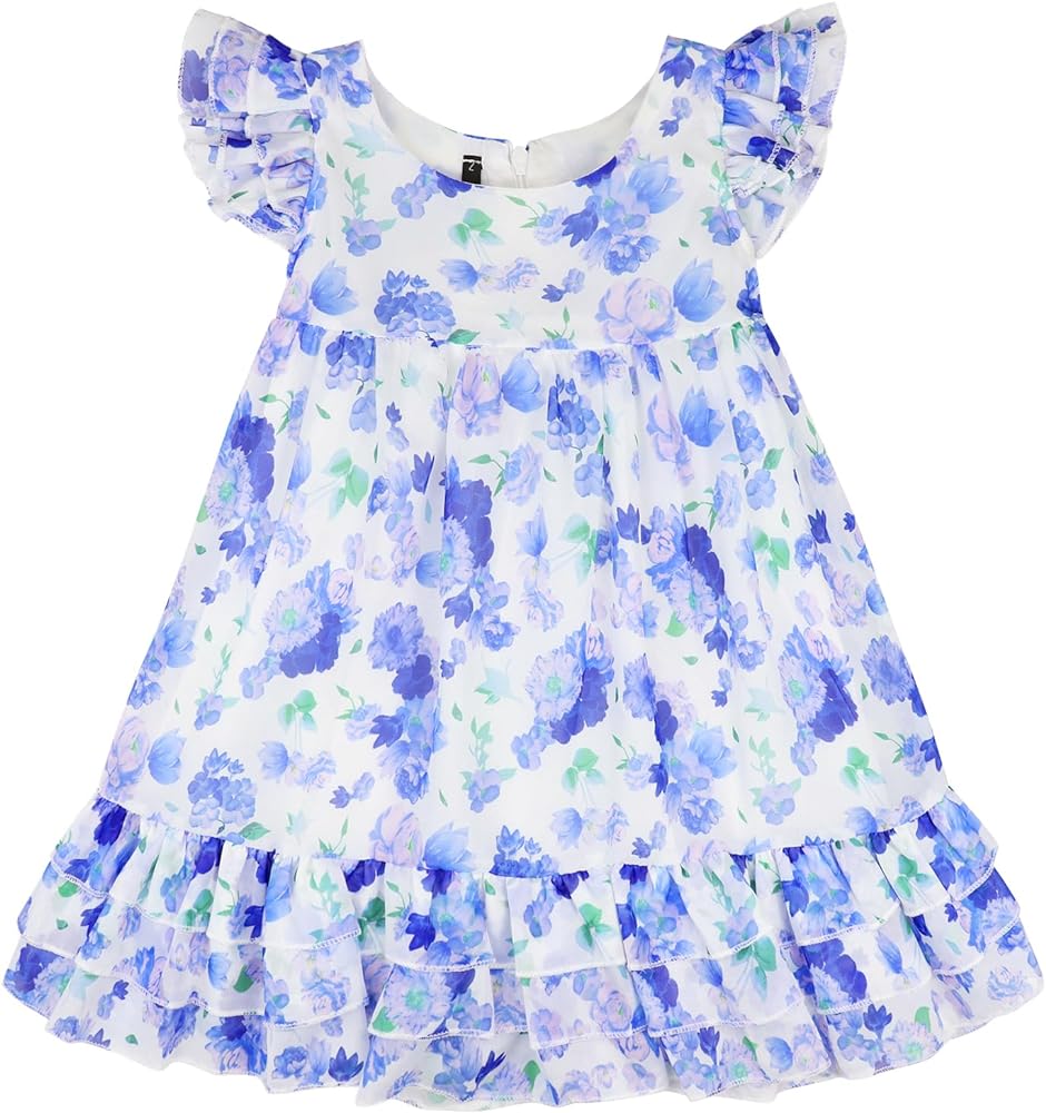 AGQT Toddler Girls Ruffle Dress Girls Sleeveless Summer Dress Floral Print Flowy Dress Size 1-8T