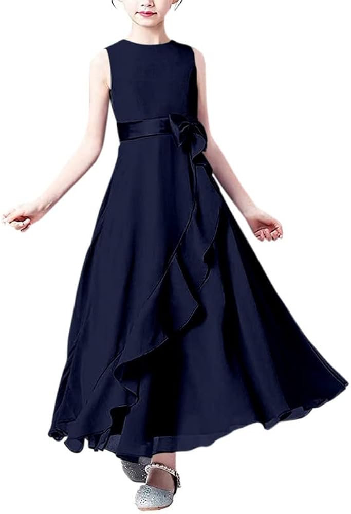 Melinda Little Juniors Girl Long Bridesmaid Dress Wedding Flower Girls Formal Pageant Party Dresses Chiffon Sleeveless