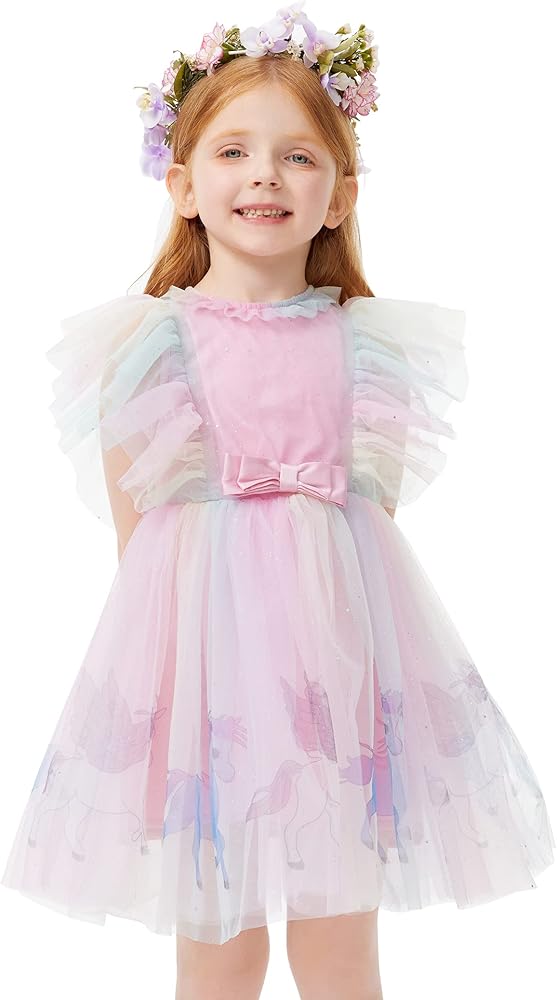 Girls Dresses Rainbow Sleeveless Tutu Dress Pink Fairtyle Unicorn Pattern Cute Party Dress