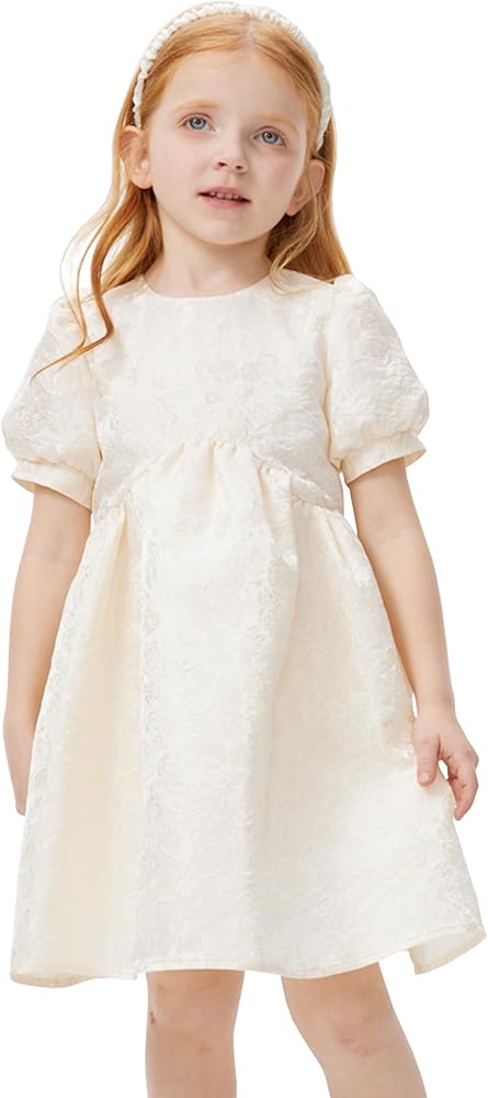 Girls Dresses Jacquard Princess Round Neck Short Sleeve A-Line High Waist Dress Ivory