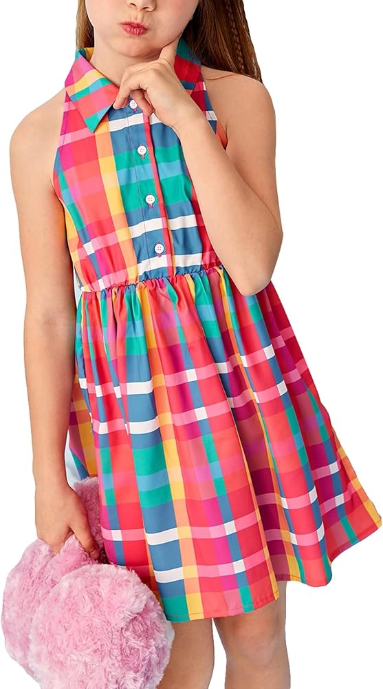 OYOANGLE Girl's Plaid Print Sleeveless Collared Neck Button Down Dress High Waist Flared Short Dresses