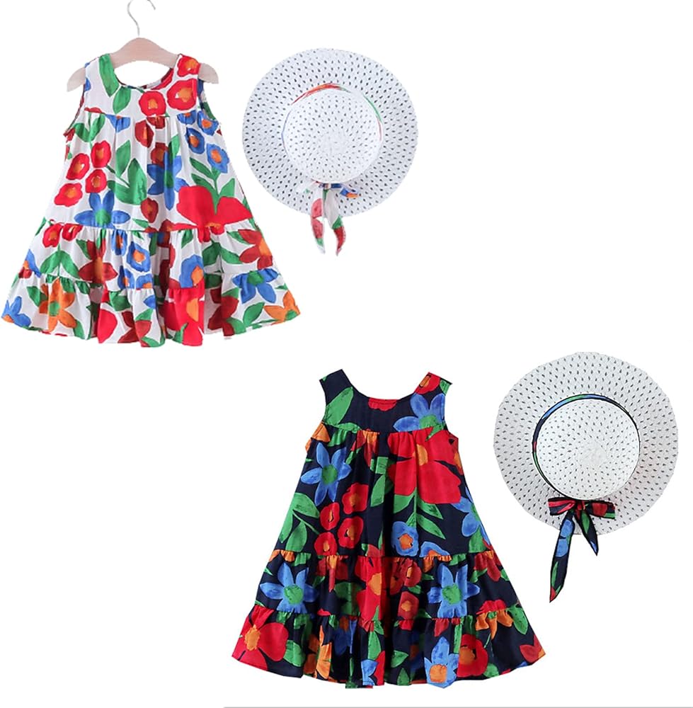 2Pieces Little Girls Dresses Spring and Summer Casual Cotton Cool Sleeveless Summer Dress Seaside Vacation Big Skirt Princess Dress Free Hat