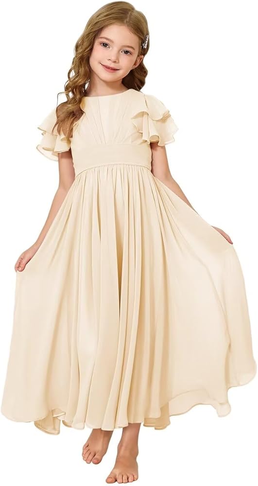 JISISANG Flower Girl Maxi Dress for Wedding Bridesmaids Flowy Chiffon Teens Ruffle Sleeve Formal Party Pageant Gown