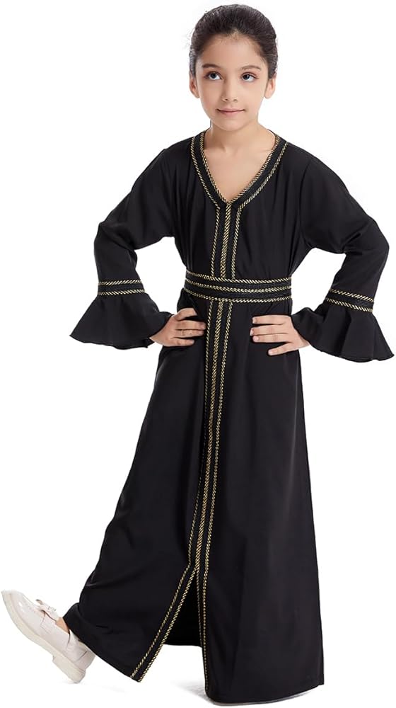 IKADEX Muslim Abaya For Girls Moroccan Kaftan Jilbab Bell Sleeve Split Long Eid Ramadan Dress