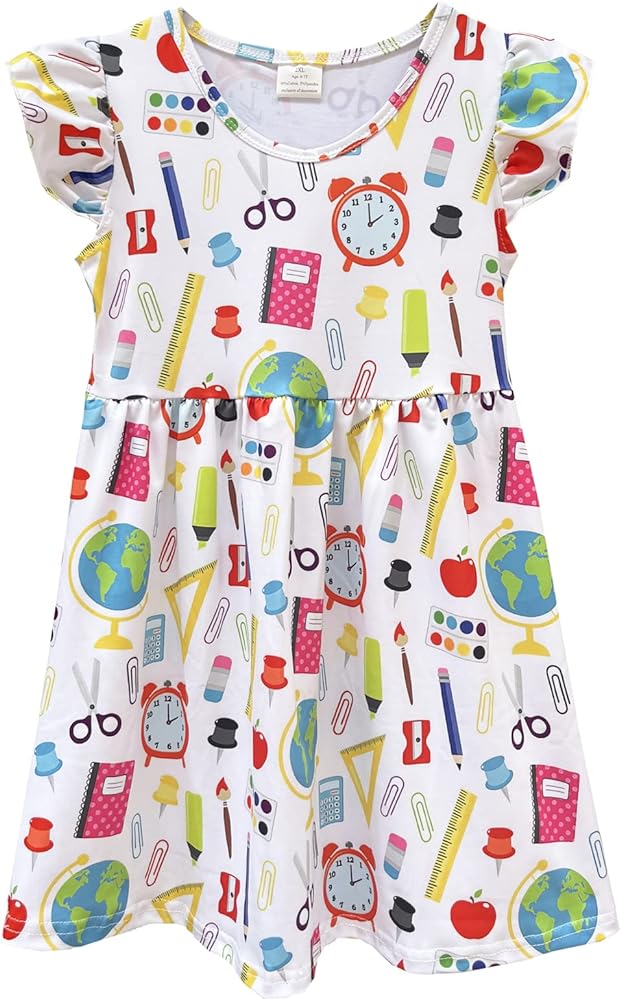 AQHOFSV Girls Flutter Sleeve Back to School Fun Supplies Print Dresses Children Summer Clothes Milksilk 3-7 Years