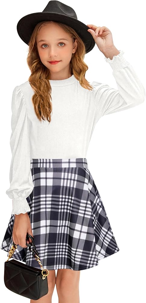 Arshiner Girls Skirt Set Knit Puff Sleeve Turtleneck Sweater Tops and Flared Mini Skirts with Pockets Clothing Sets