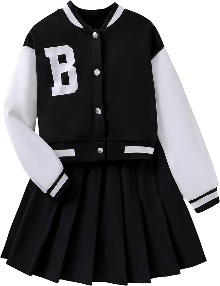 SHENHE Girl's 2 Piece Outfits Color Block Button Up Long Sleeve Bomber Jacket and Skirt Set