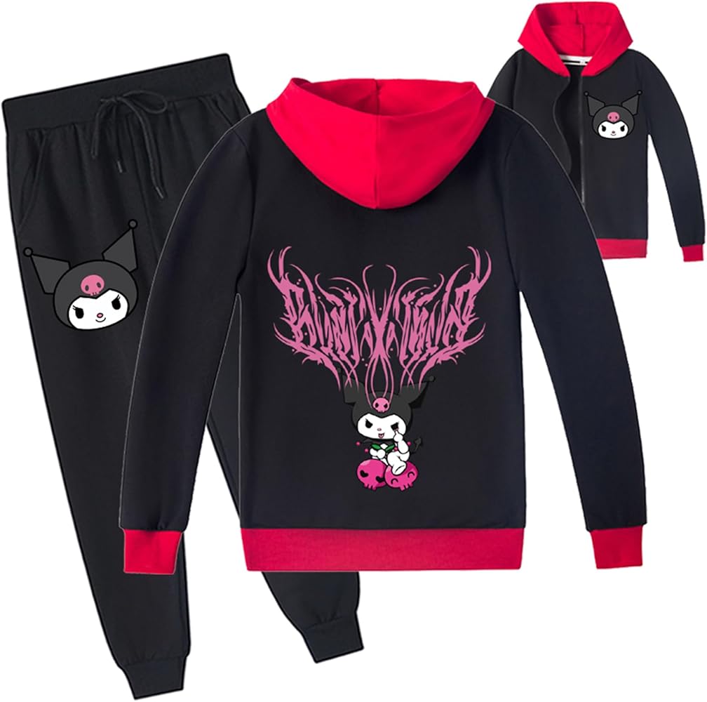 Kids Girls Kuromi Graphic Full Zip Jackets with Jogger Pants,Cotton Long Sleeve Hoodie Casual Tracksuit for Children