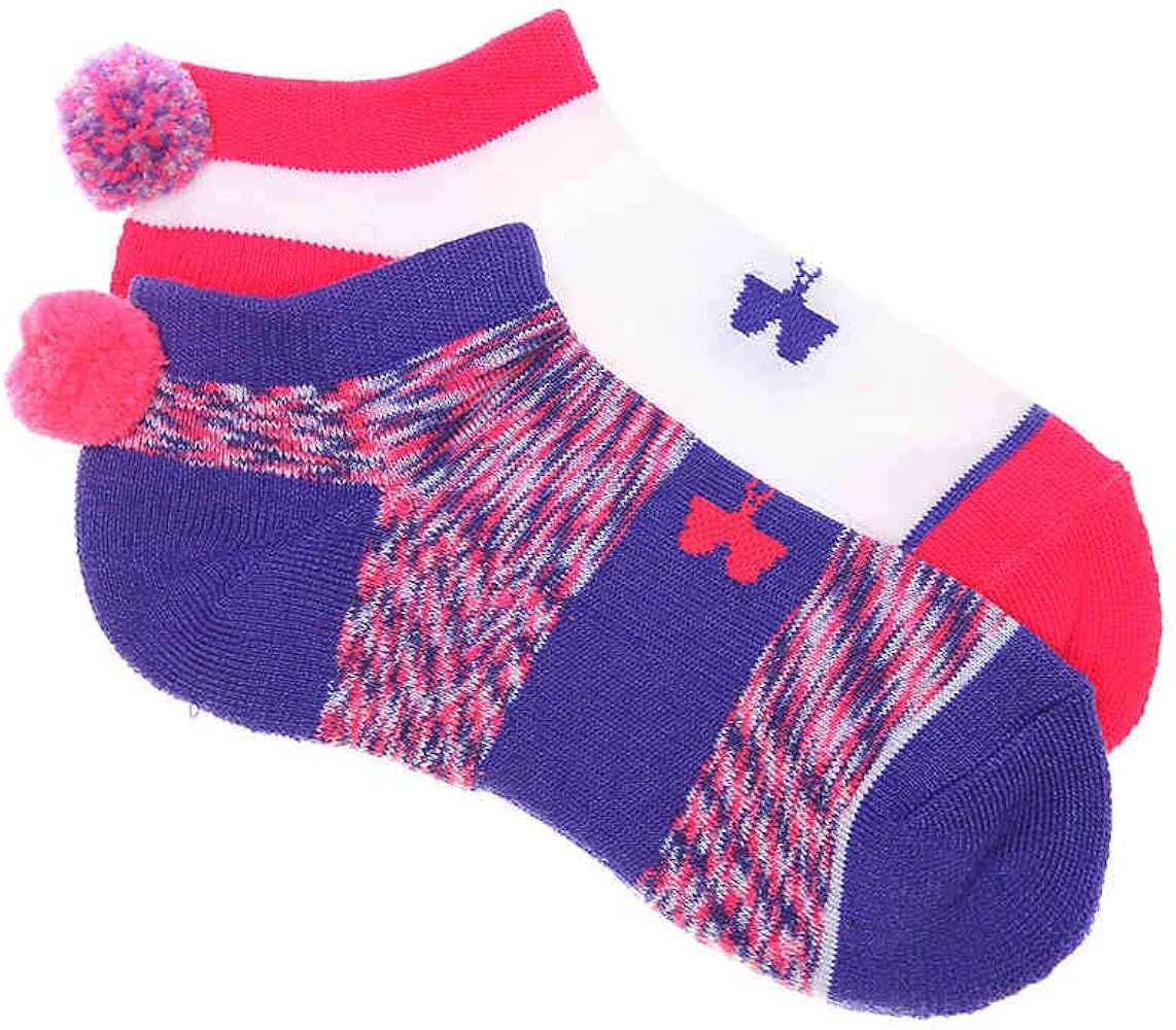 Under Armour Girl`s No Show Socks With Pom 2 Pack (Violet(1310247-975)/White, Youth Large)