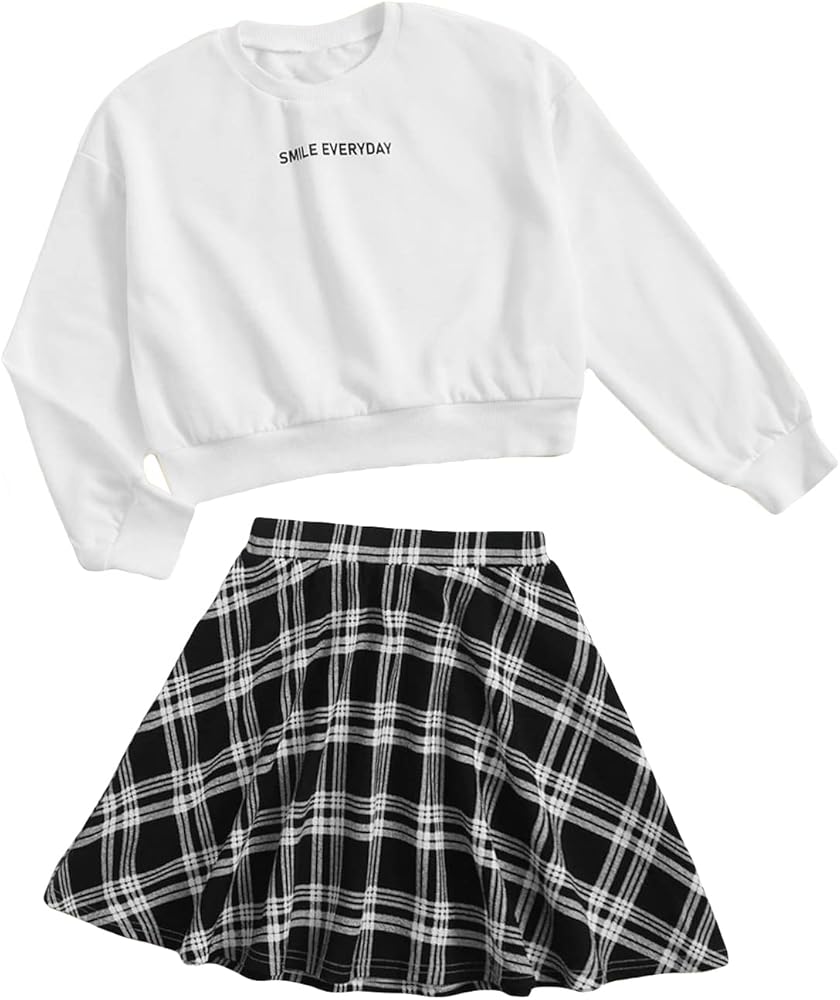 Milumia Girl's Two Piece Outfits Crewneck Sweatshirt and Plaid A Line Short Skirt Sets