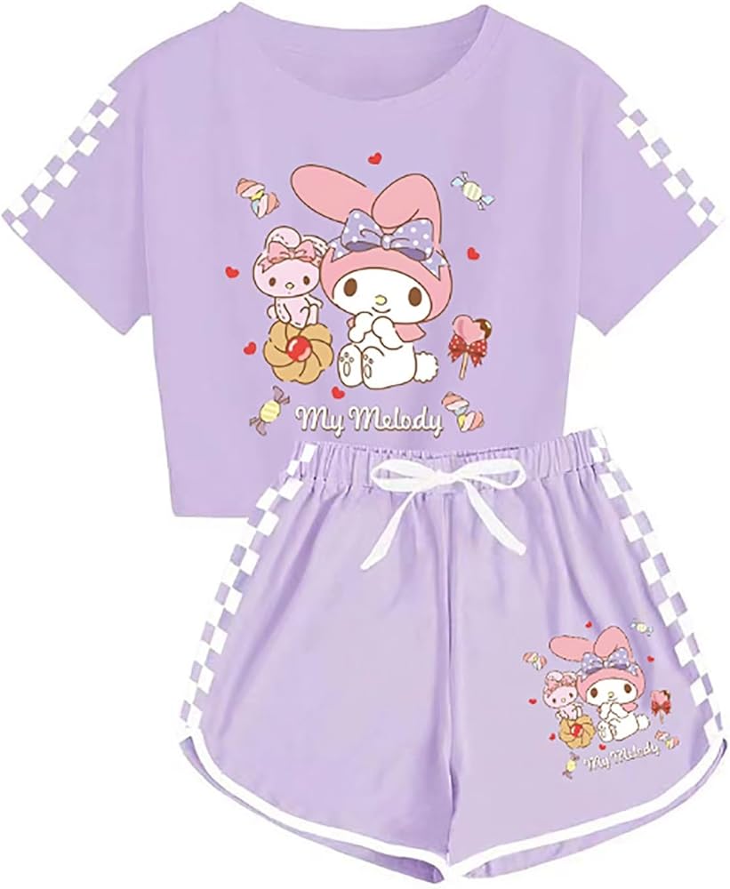 My Melody Crop Top T Shirt and Shorts Set Women Girls 2 Piece Short Sleeve Outfits Summer Active Tracksuits