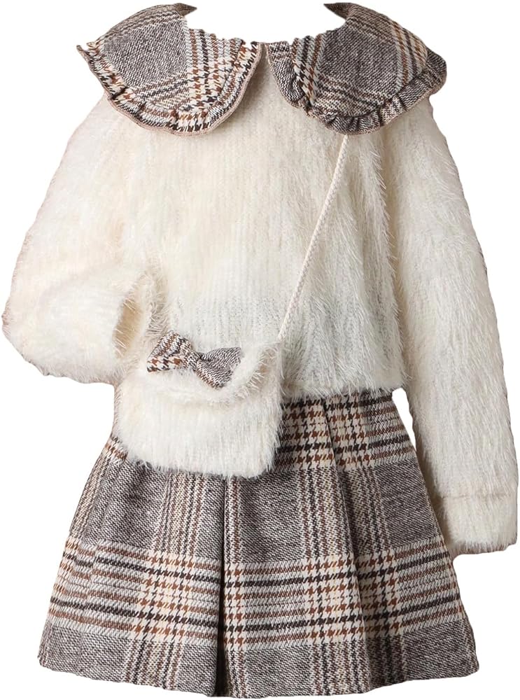 OYOANGLE Girl's 3 Piece Knitted Fluffy Long Sleeve Collared Neck Shirt Tops and Plaid Print Short Skirt Set