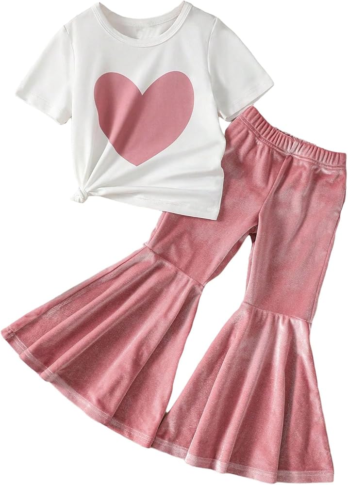 OYOANGLE Girl's 2 Piece Heart Printed Short Sleeve Tee and Velvet Flared Leg Pants Set Toddler Girls Outfits