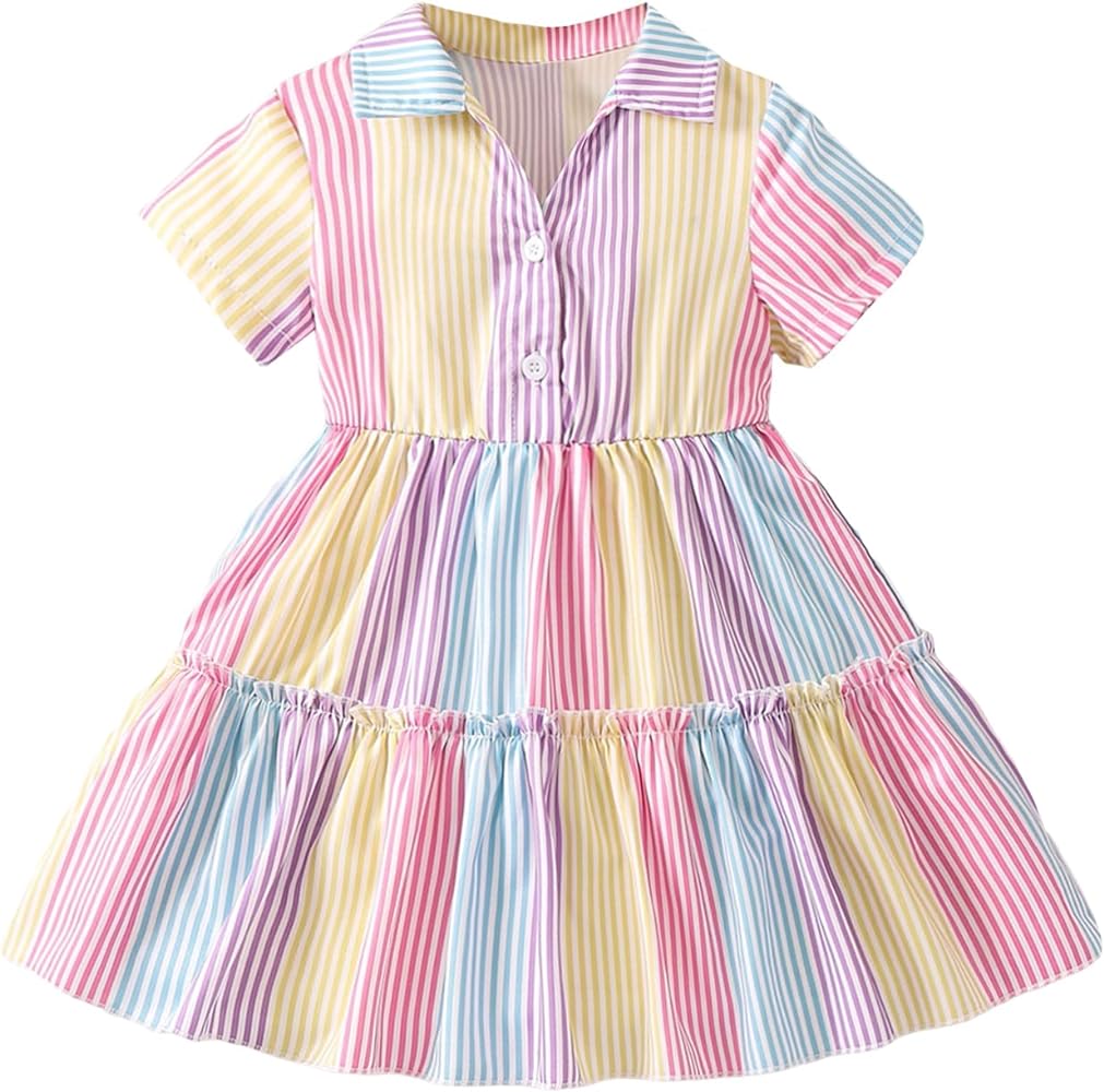 Toddler Girl's Shirt Dress Striped Pattern Color Block Dress Short Sleeve Button Front Ruffle Hem Cute Dresses