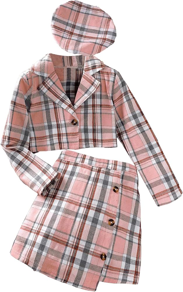 Floerns Girl's 3 Piece Outfit Plaid Print Long Sleeve Crop Jacket Skirts Set with Hat