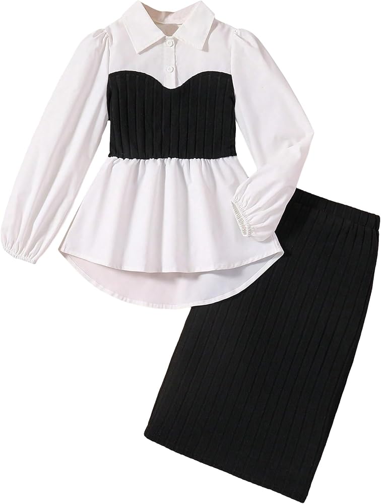 Milumia Girl's 2 Piece Outfits Color Block Long Sleeve Peplum Blouse Top with Knitted Long Skirt