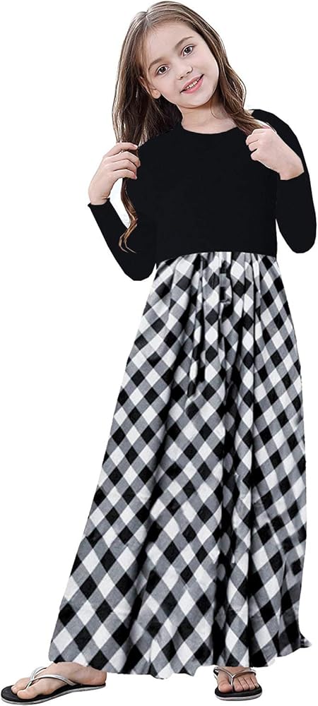 KYMIDY Girl Maxi Dress Kids Casual Buffalo Check Plaid Long Sleeve Dresses with Pockets(6-14yrs)