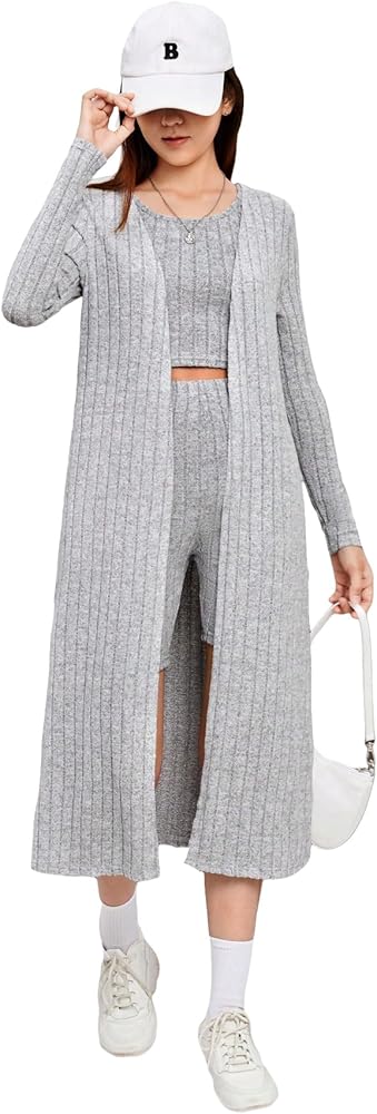 Verdusa Girl's 3 Piece Ribbed Knit Sets Scoop Neck Tank Top and Biker Shorts with Long Sleeve Open Front Cardigan