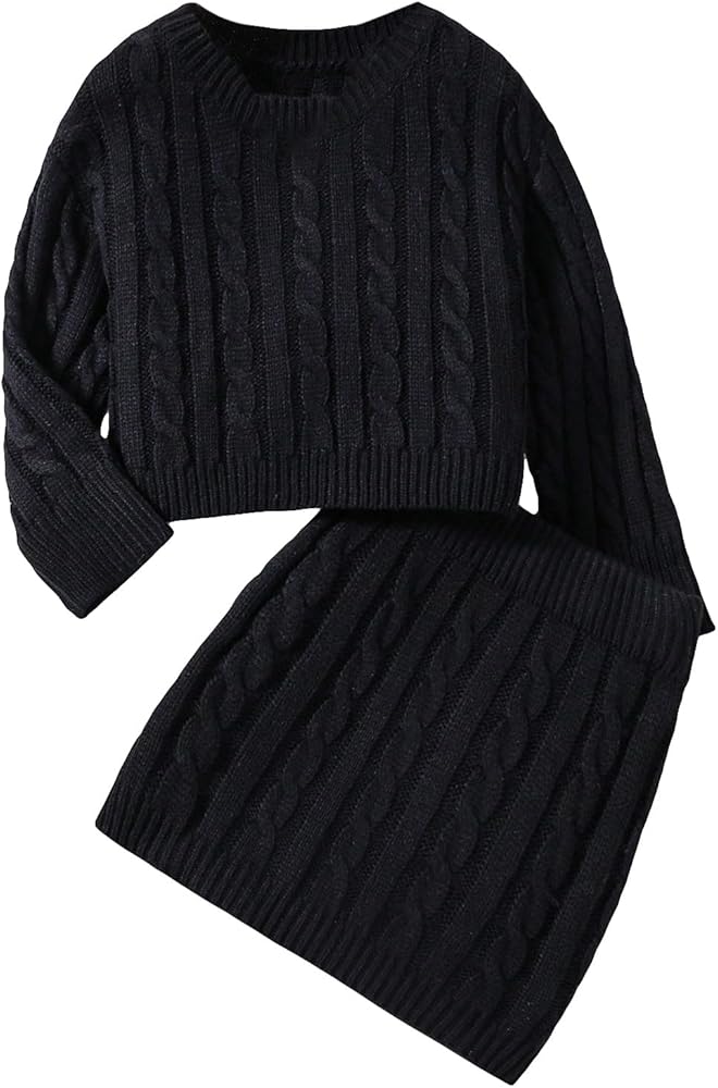 Floerns Girl's 2 Piece Outfit Cable Knit Sweaters Pullover with Skirt Set