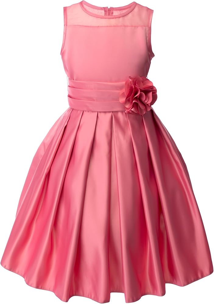 Spring Notion Big Girls Sheer Neckline Satin Tea Length Flower Girl Dress