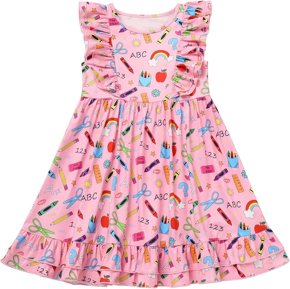 IDOPIP Back to School Dress for Girls Toddler Baby Apple Pencil Print Casual Birthday Party Dress First Day of School Outfits