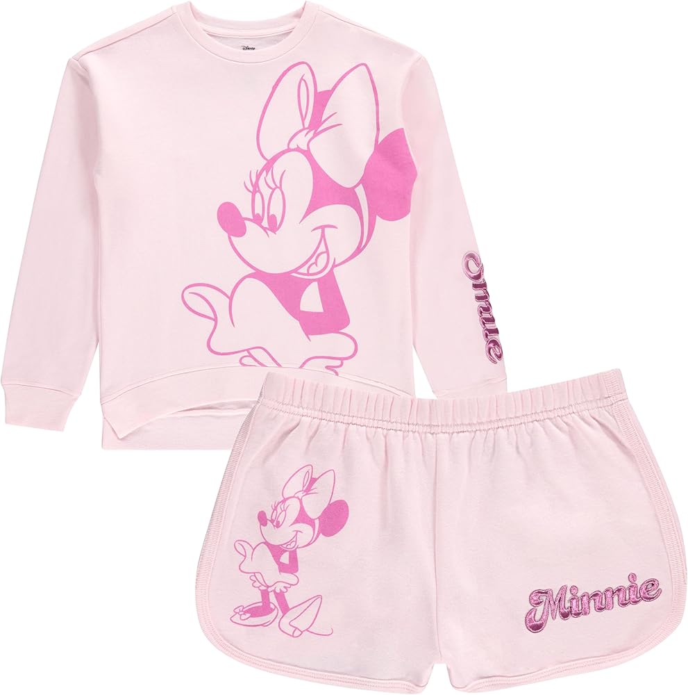 DISNEY Girls Minnie Mouse Crewneck Sweatshirt and Shorts Clothing Set- Little and Big Girl Sizes 4-16