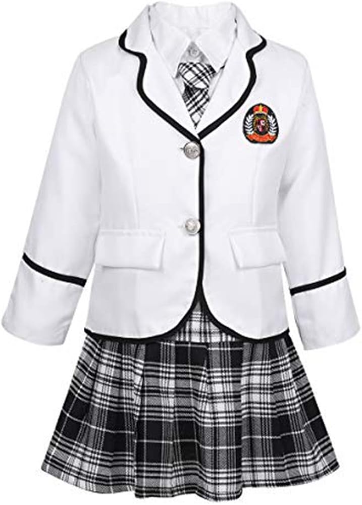 Kids Girls 4 Piece School Uniform Long Sleeve Blazer Jacket with Dress Shirt Mini Plaid Skirt Tie Set