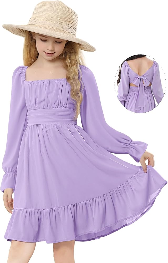 Durio Girls Dresses for Teens Girls Tie Back Off Shoulder Dress Cute Long Sleeve Dress Easter Kids School Party Dance Dresses