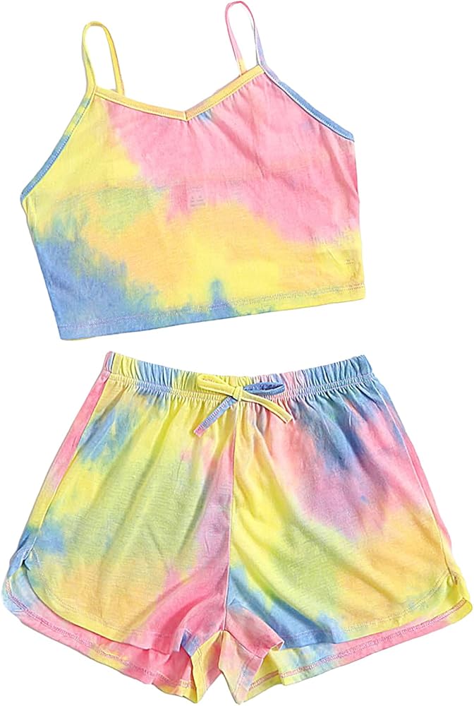 OYOANGLE Girl's 2 Piece Outfits Tie Dye Sleeveless Spaghetti Straps Crop Cami Top and Tie Front Track Shorts Sets