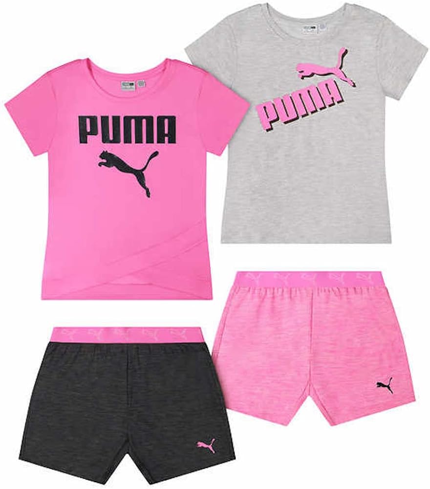 PUMA Youth Girl's 4 Piece Outfit Set, 2 Shirts, 2 Shorts