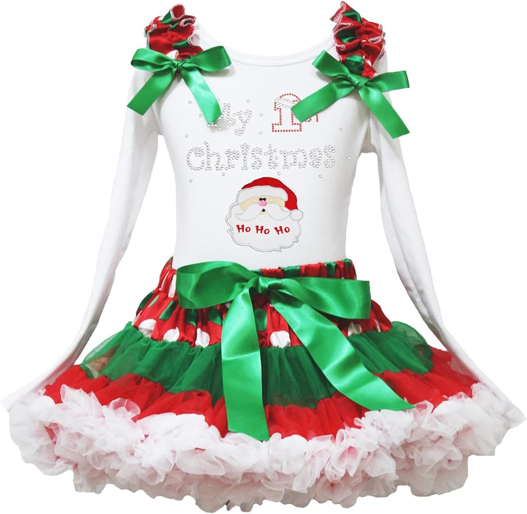 Petitebella My 1st Christmas Santa Claus L/s Shirt Xmas Polka Dots Skirt Outfit Dress 1-8y