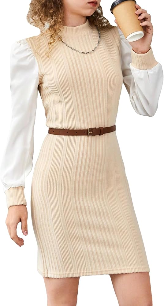 OYOANGLE Girl's Colorblock Rib Knit Mock Neck Long Puff Sleeve Short Pencil Dress