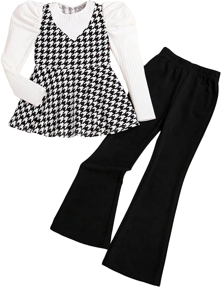 WDIRARA Girl's 2 Piece Outfit Houndstooth Puff Long Sleeve Ruffle Hem Knit Sweater and Flared Pants Set