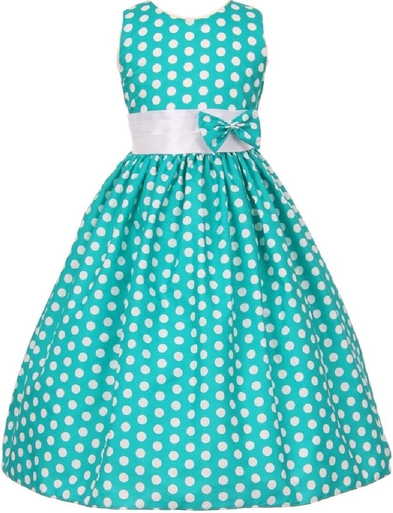 Little Girls Polka Dot Allover Bow Accented Flowers Girls Dresses