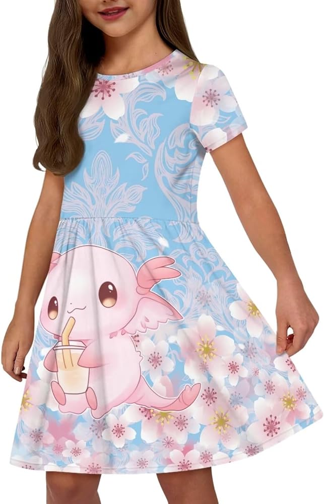 Uourmeti Girls A-Line Casual Dresses Short Sleeve Princess Dress with Pockets