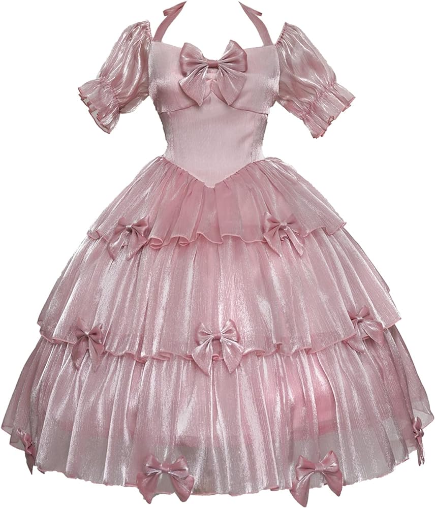 ZZEQYG Elegant Pink Gothic Dress Puff Sleeve Dress with Bows