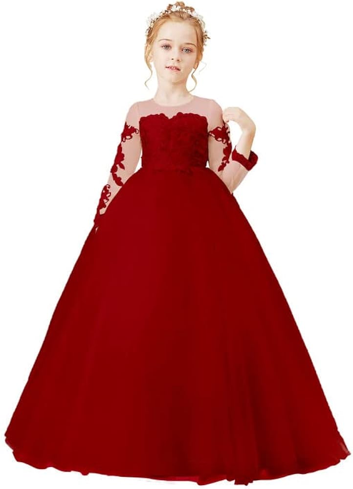 Melinda Flower Girls Dresses Lace Appliques Tulle Long Sleeves Princess Long Wedding Pageant Ball Gown