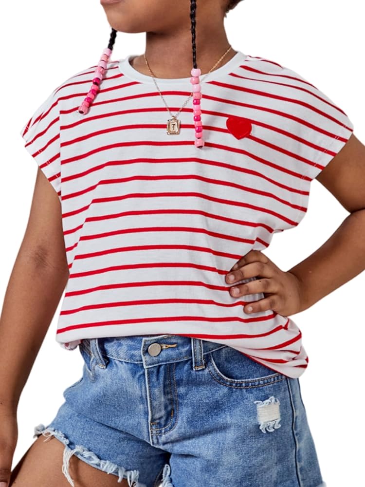 SOLY HUX Girl's Striped Print Short Sleeve T Shirt Heart Embroidered Cute Tee Tops