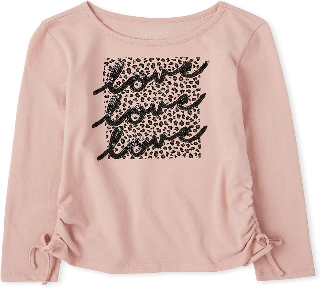 The Children's Place Girls' Long Sleeve Leopard 'Love' Graphic Cinched Top