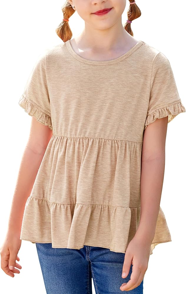 Hopeac Girls Summer Shirts Short Sleeve Ruffle Peplum Tops Hem Plain Crew Neck Pleated Tunic Tiered Blouse Tee T-Shirt