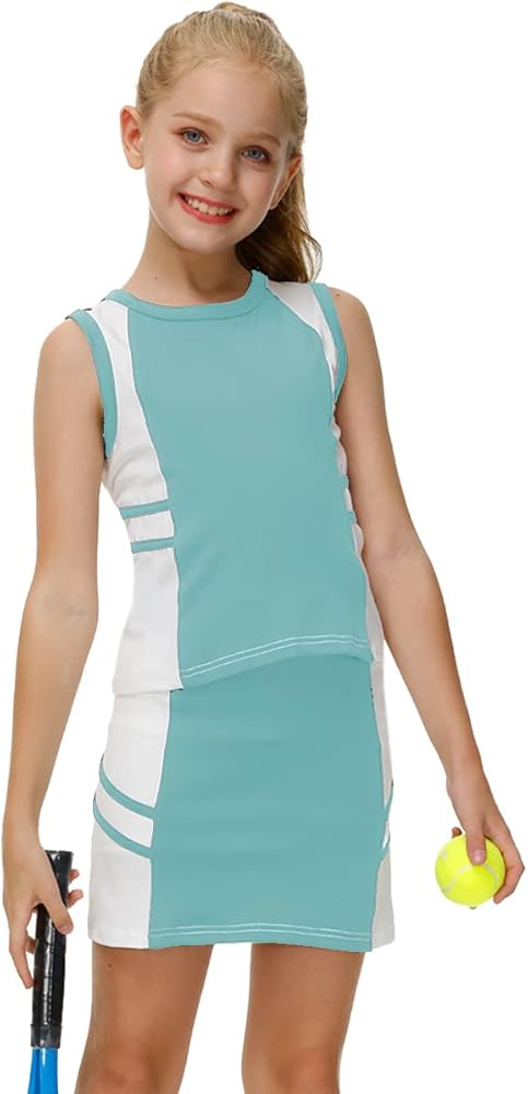 AOBUTE Girls Tennis Golf Outfit Tank Top and Skirt with Shorts Set 4-12 Years