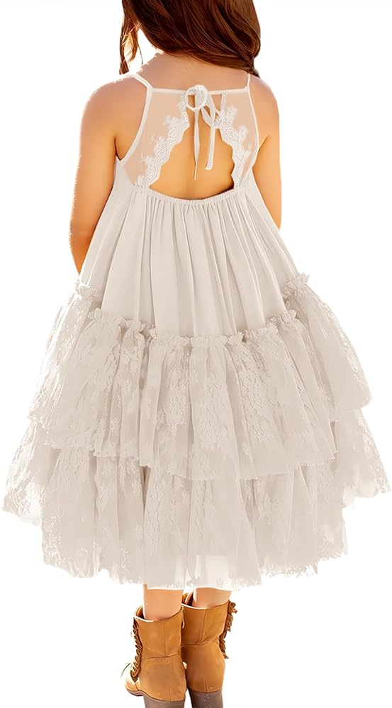 MITILLY Girls Boho Lace Backless Square Neck Sleeveless A Line Ruffle Tiered Flowy Long Party Dress