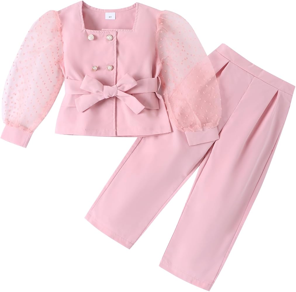 KMBANGI Fashion Kids Toddler Girl Two Piece Outfit Set Mesh Long Sleeve Blouse Top with Matching Long Pants Fall Clothes