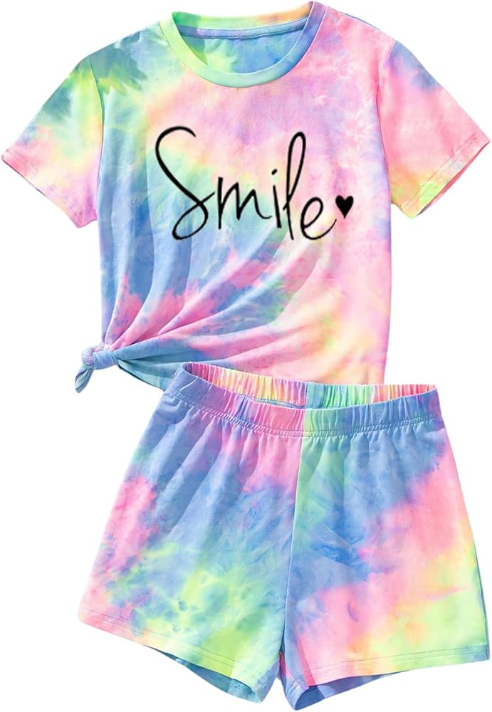 SHENHE Girl's Summer Outfits Tie Dye Graphic Crew Neck Tee Shirt and Shorts Set 2 Piece