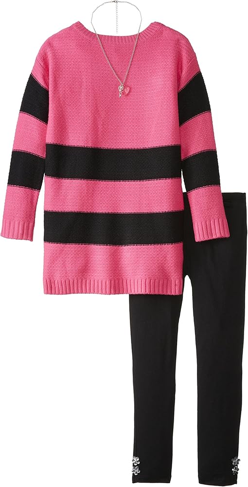 Derek Heart Big Girls' Long-Sleeve Striped Sweater, Necklace, and Pant Three-Piece Set