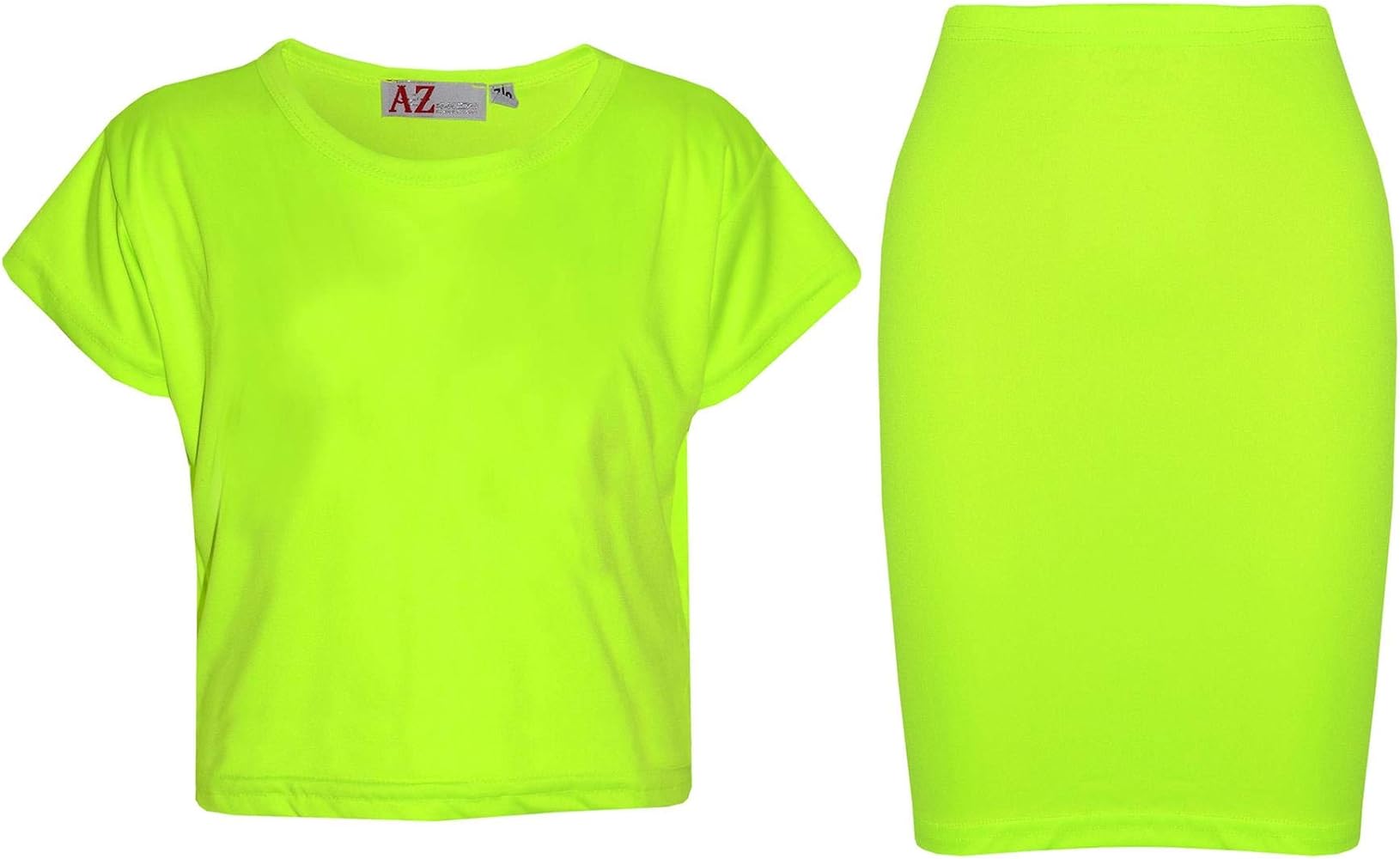 Kids Girls Plain Crop Top & Pencil Skirt Two Piece Outfit Sets Neon Green Dress