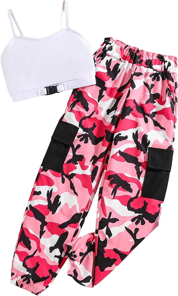 OYOANGLE Girl's 2 Piece Outfit Spaghetti Straps Cami Crop Top and Camo Print Flap Pocket Pants Set