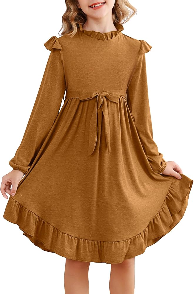 Girl Long Sleeve Dress Flutter Neck Casual Swing Fall Dresses with Belt for 6-13 Years